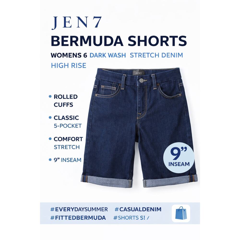 Jen7 Bermuda Shorts Womens 6 Dark Wash Stretch Denim Jorts High Rise 9” Inseam